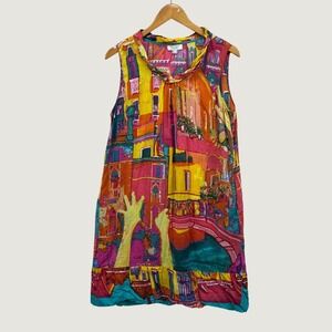 Orientique Sleeveless Cotton Dress Size M Multicolor Artistic Cityscape Print